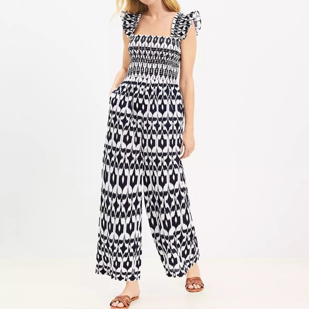 LOFT Beach Ikat Ruched Wide Leg Jumpsuit Womens XSP Roomy fit Sleeveless Resort